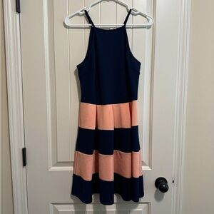 Navy and Peach Striped Fit & Flare Dress